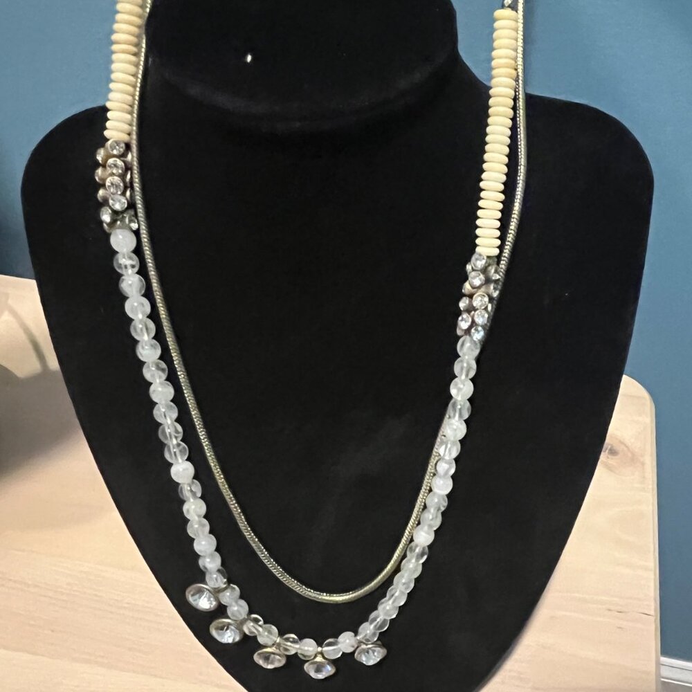 Anthropologie Double Strand 18" Neutral Necklace. Dangling Clear Gems. Like New.